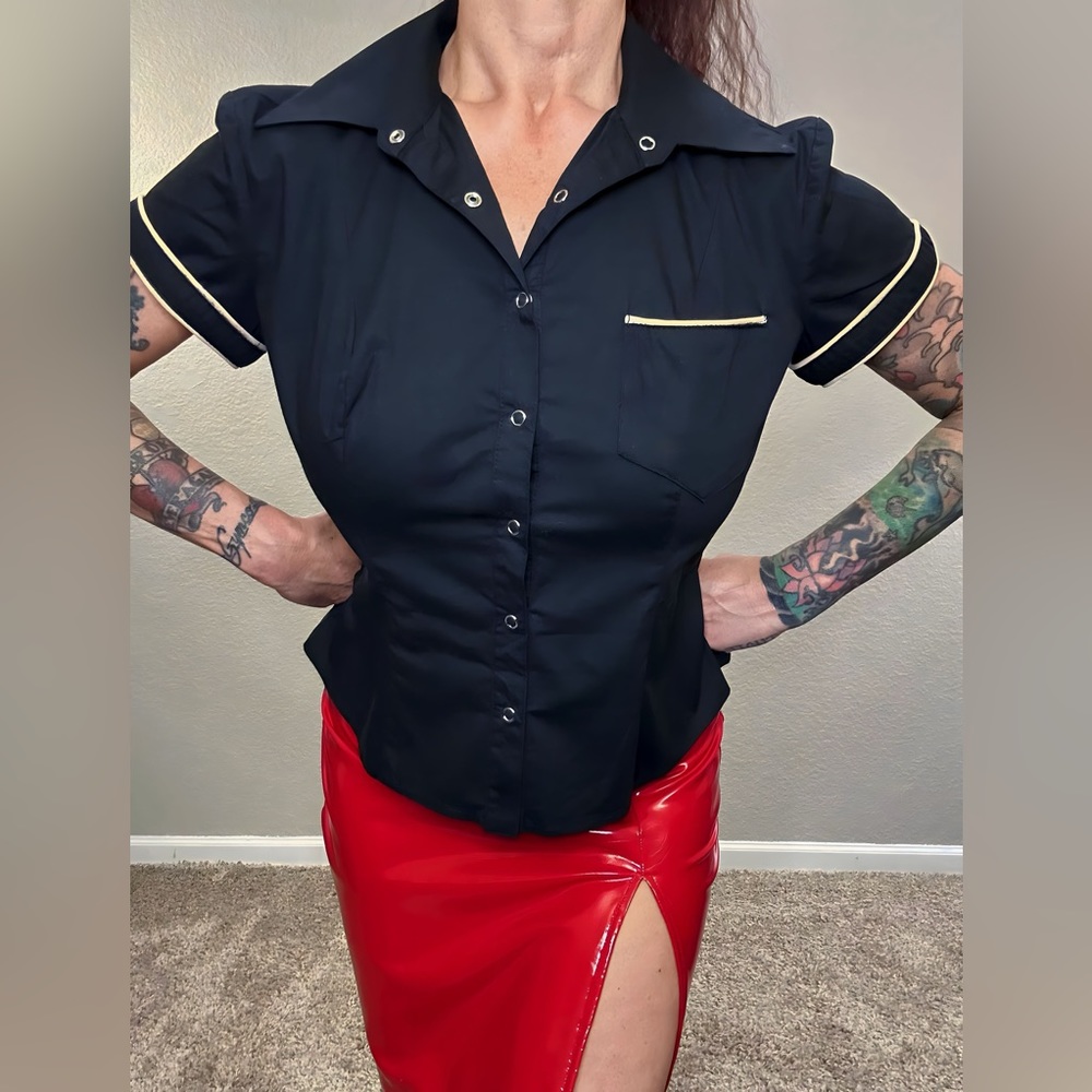 Y2K Lip Service Fetish Classics Black & White Snaps Blouse Shirt L - Picture 5 of 13